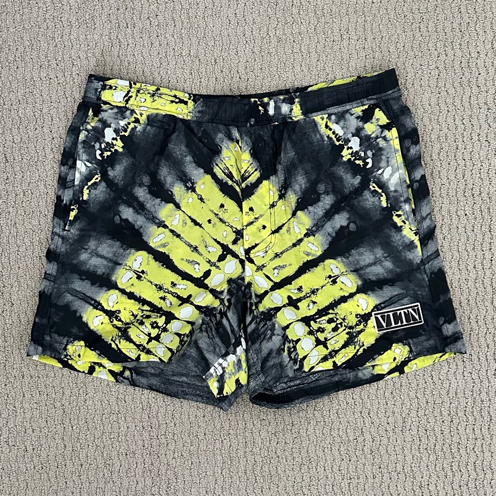Valentino Tie-Dye Black and Neon Green/Yellow Men's Swim Shorts w Pouch